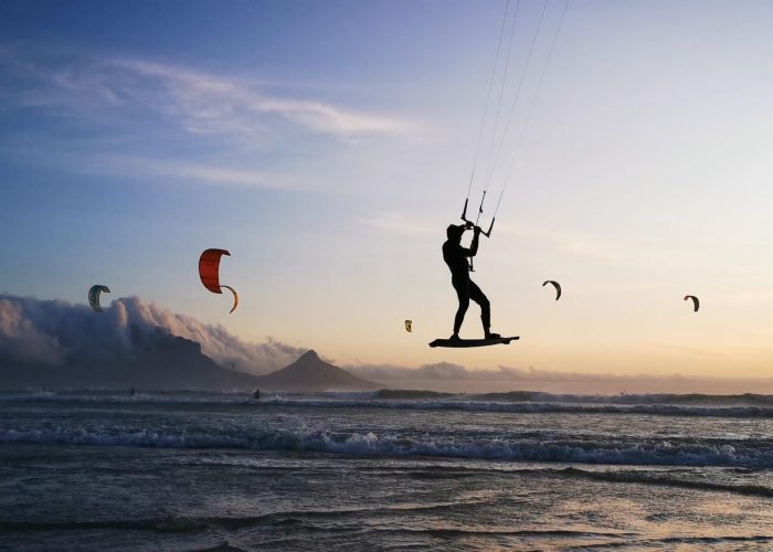 Kite Surf at Table Mountain Landscape with Beautiful Colorful Sunset and Clouds, Cape Town, South Africa